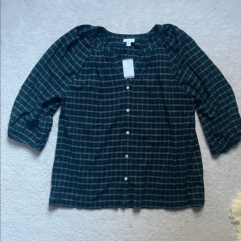 J. Jill plaid window pane 3/4 sleeve button down tunic top NWT